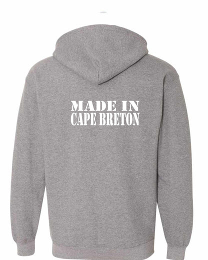 Made In Cape Breton White Left Chest and Back Zip Hoodie