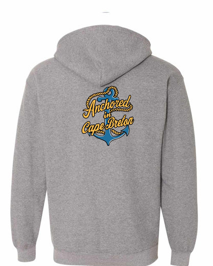 Anchored in Cape Breton (New Design) Left Chest and Back Zip Hoodie