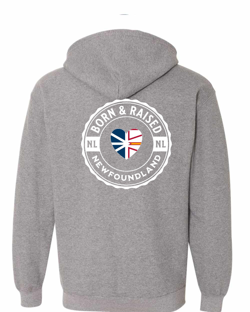 Born and Raised NFLD Heart Flag Left Chest & Back Zip Hoodie - Unisex