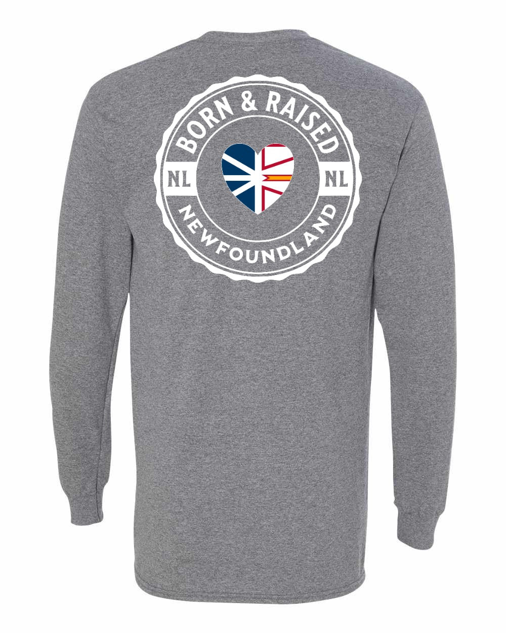Born and Raised NFLD Heart Flag Left Chest & Back Long Sleeve Tee - Unisex