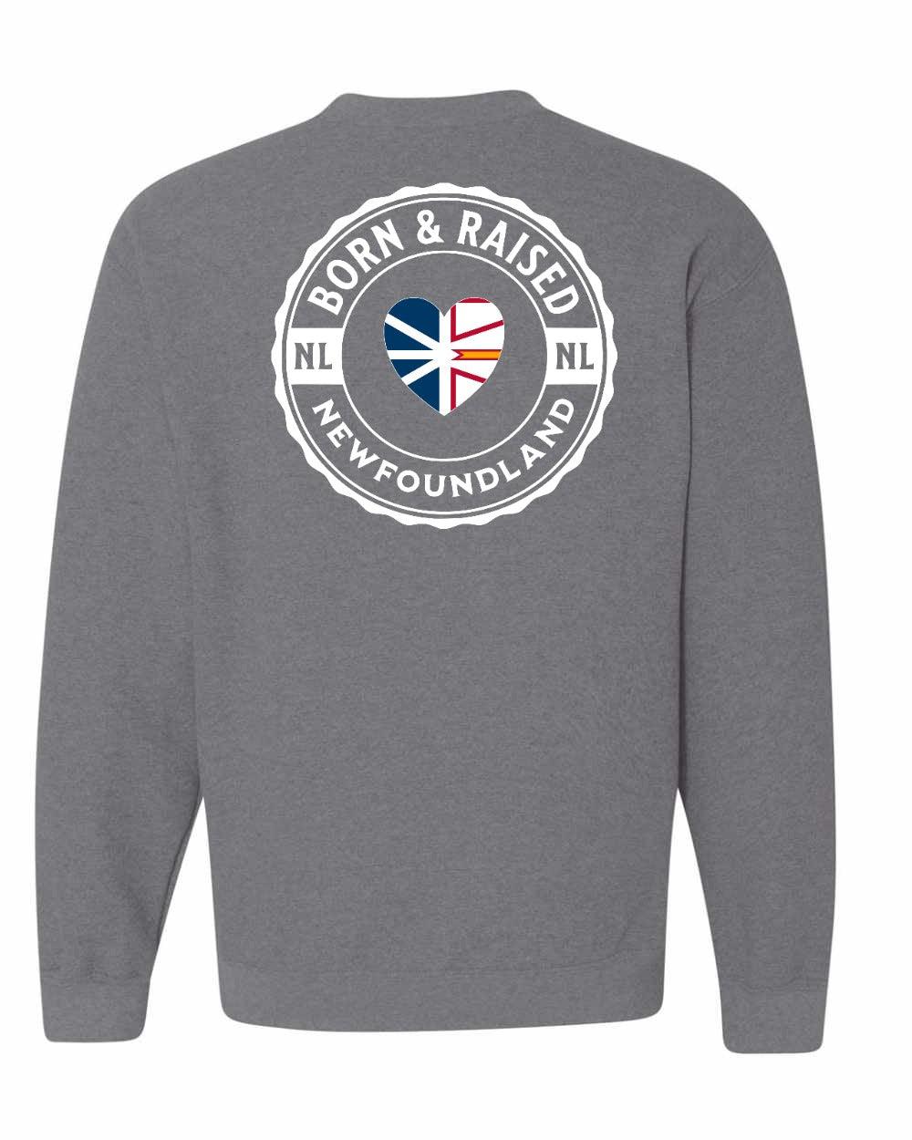 Born and Raised NFLD Heart Flag Left Chest & Back Crewneck Sweatshirt - Unisex