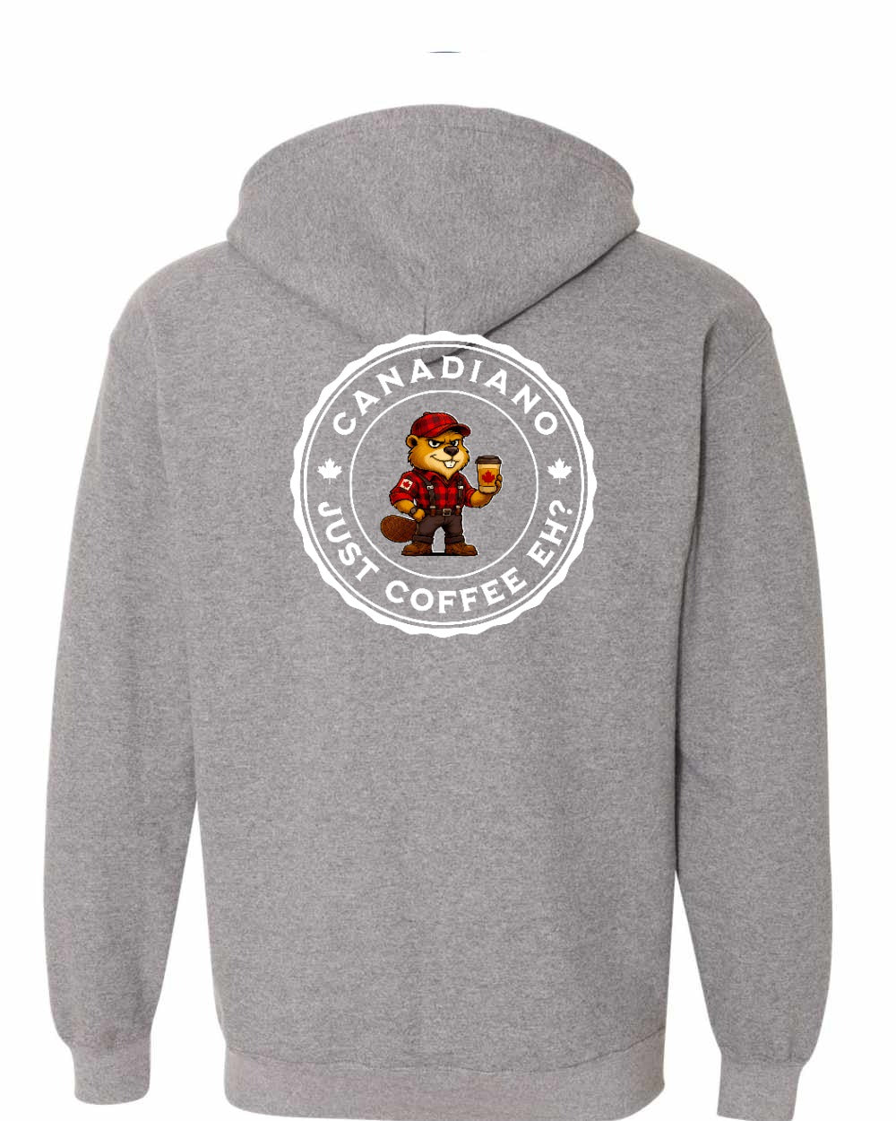 Canadiano just Coffee EH! Male Beaver Left Chest and Back Zip Hoodie - Gildan Canada (sewn Internationally) - Unisex