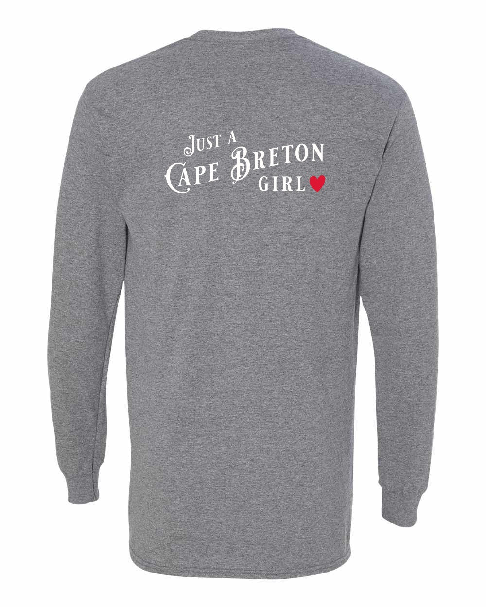 Just a Cape Breton Girl Red Heart Left Chest and Back Long Sleeve Tee