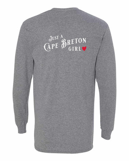 Just a Cape Breton Girl Red Heart Left Chest and Back Long Sleeve Tee