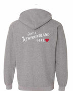 Just a NFLD Girl Red Heart Left Chest and Back Zip Hoodie - Unisex