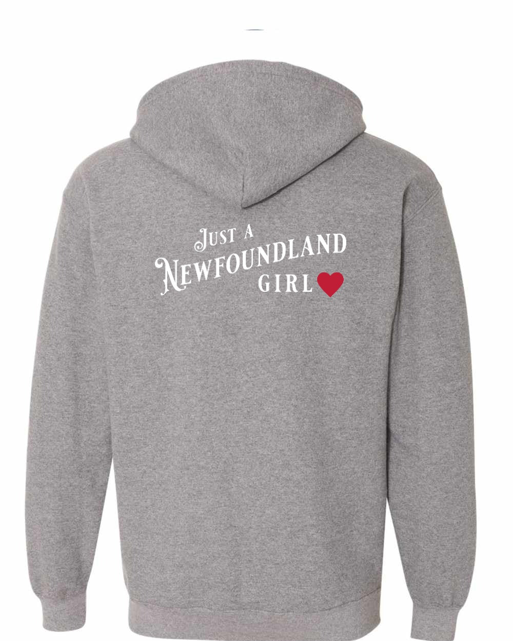 Just a Newfoundland Girl Red Heart Left Chest and Back Zip Hoodie