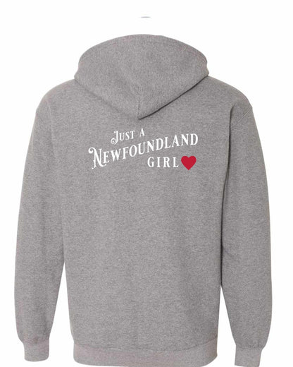 Just a Newfoundland Girl Red Heart Left Chest and Back Zip Hoodie