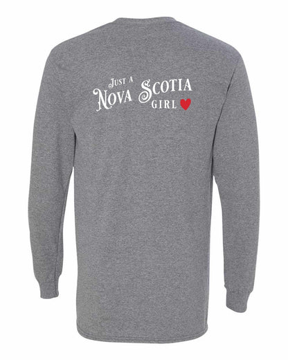 Just a Nova Scotia Girl Red Heart Left Chest and Back Long Sleeve Tee
