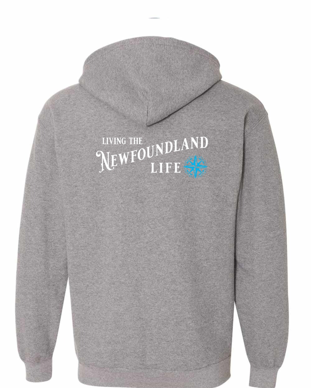 Living the Newfoundland Life blue Left Chest and Back Zip Hoodie