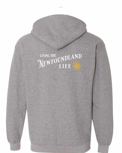 Living the Newfoundland Life yellow Left Chest and Back Zip Hoodie