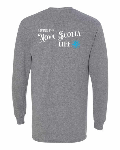 Living the Nova Scotia Life blue Left Chest and Back Long Sleeve Tee
