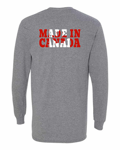 Made in Canada Flag Background Left Chest and Back Long Sleeve