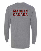 Made in Canada Plaid Background Left Chest and Back Long Sleeve - Gildan Canada (sewn Internationally) - Unisex