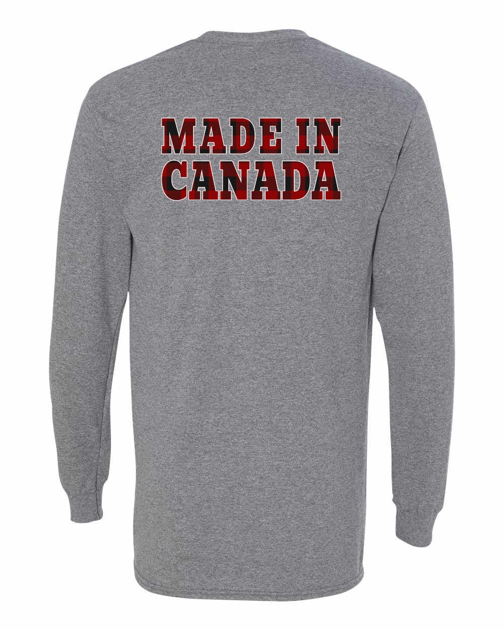 Made in Canada Plaid Background Left Chest and Back Long Sleeve - Gildan Canada (sewn Internationally) - Unisex