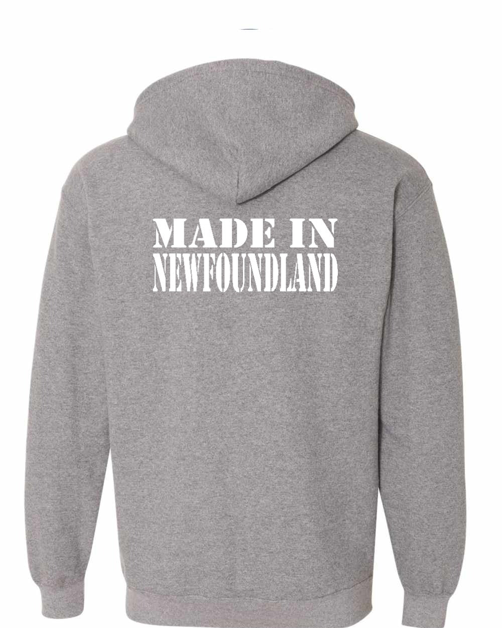 Made In NFLD ( White Lettering) Left Chest and Back Zip Hoodie - Unisex