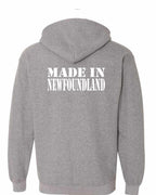 Made In NFLD ( White Lettering) Left Chest and Back Zip Hoodie - Unisex