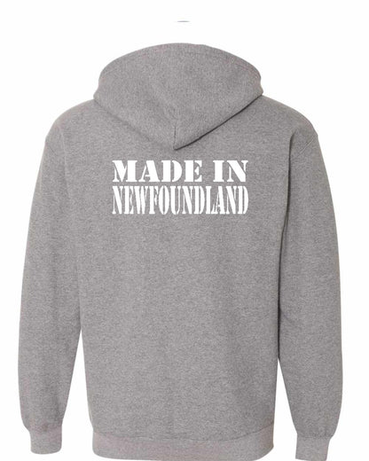Made In Newfoundland ( White Lettering) Left Chest and Back Zip Hoodie