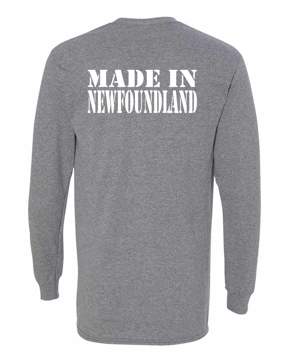 Made In NFLD ( White Lettering) Left Chest and Back Long Sleeve - Unisex