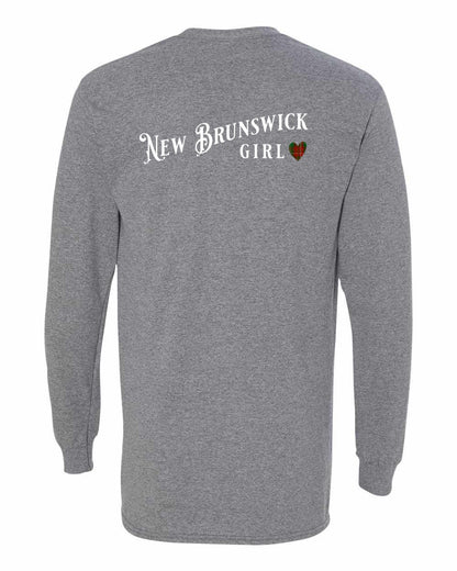 New Brunswick Girl Tartan heart Left Chest and Back Long Sleeve Tee