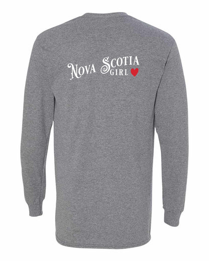 Nova Scotia Girl Red Heart Left Chest and Back Long Sleeve Tee