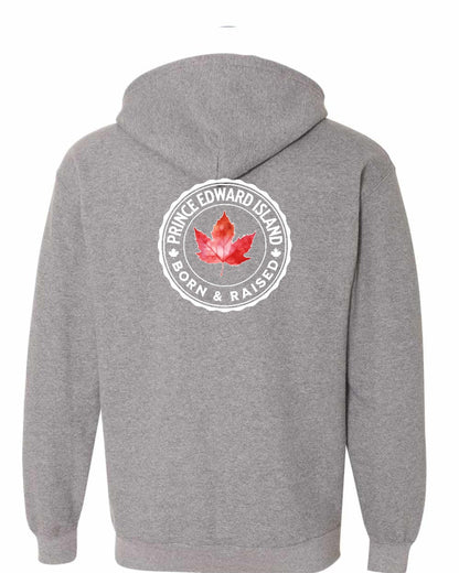 Born and Raised Prince Edward Island Left Chest and Back Zip Hoodie - Gildan Canada (sewn Internationally)