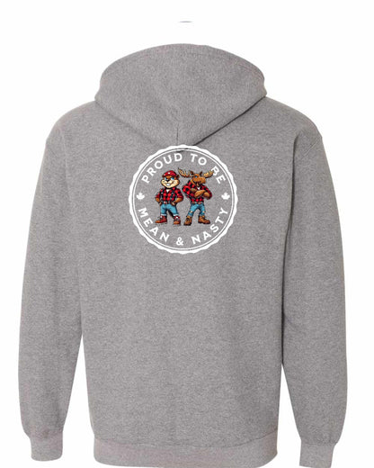 Proud Mean & Nasty Beaver and Moose Left Chest and Back Zip Hoodie - Gildan Canada (sewn Internationally)