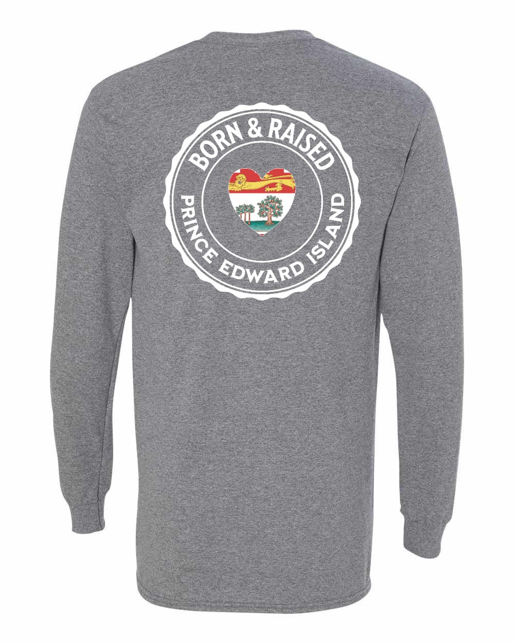 Born and Raised PEI Heart Flag Left Chest & Back Long Sleeve Tee - Unisex