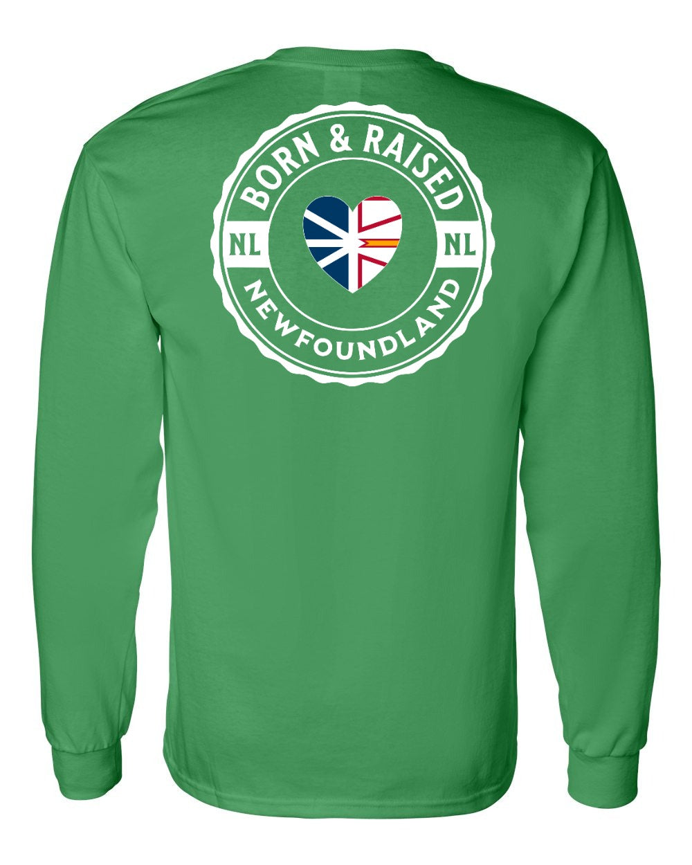 Born and Raised NFLD Heart Flag Left Chest & Back Long Sleeve Tee - Unisex