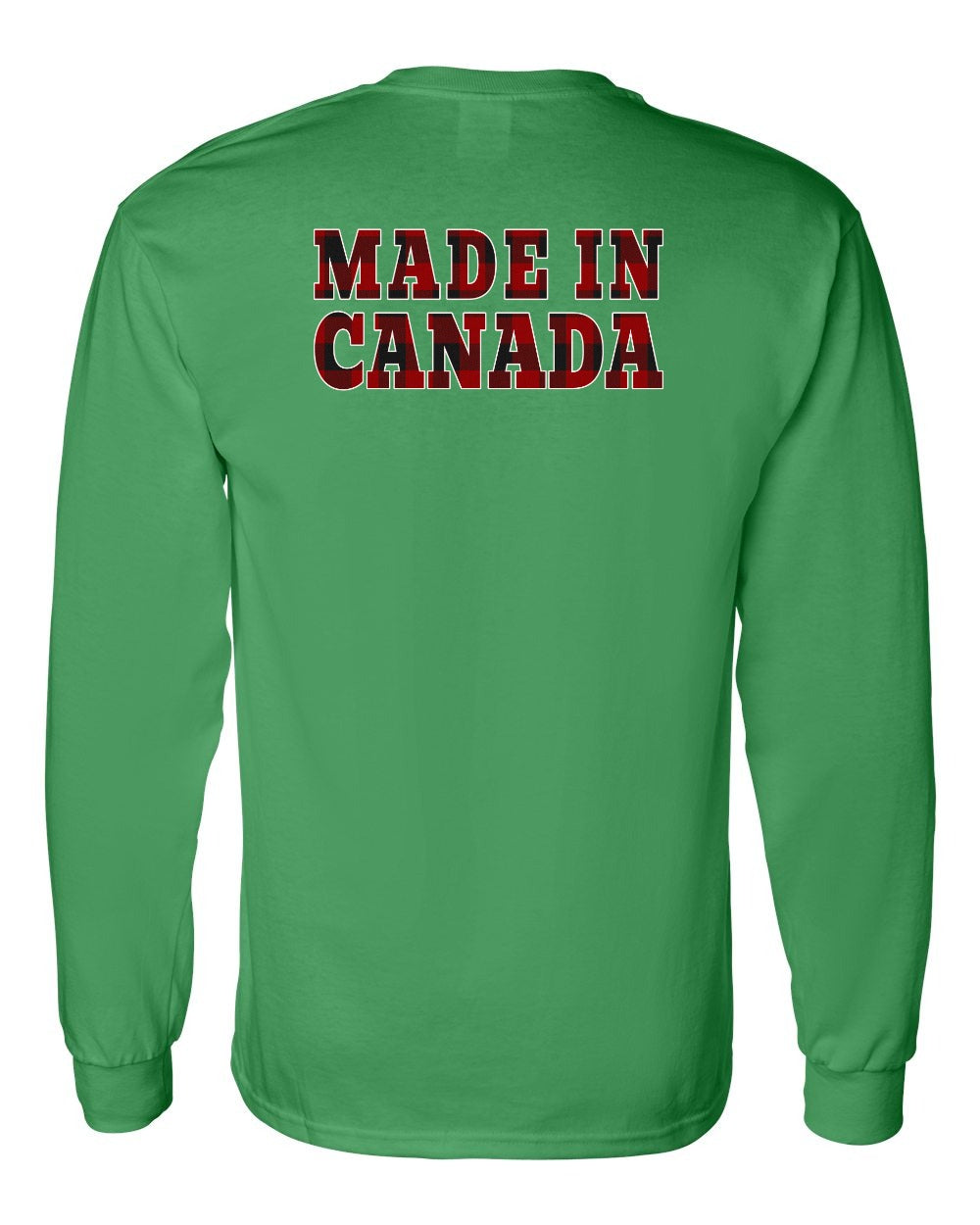 Made in Canada Plaid Background Left Chest and Back Long Sleeve - Gildan Canada (sewn Internationally) - Unisex
