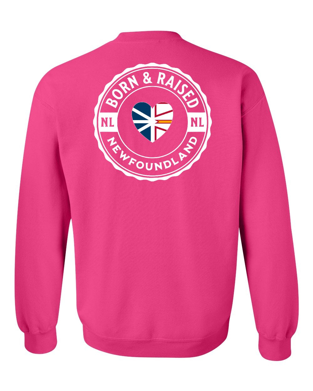 Born and Raised NFLD Heart Flag Left Chest & Back Crewneck Sweatshirt - Unisex