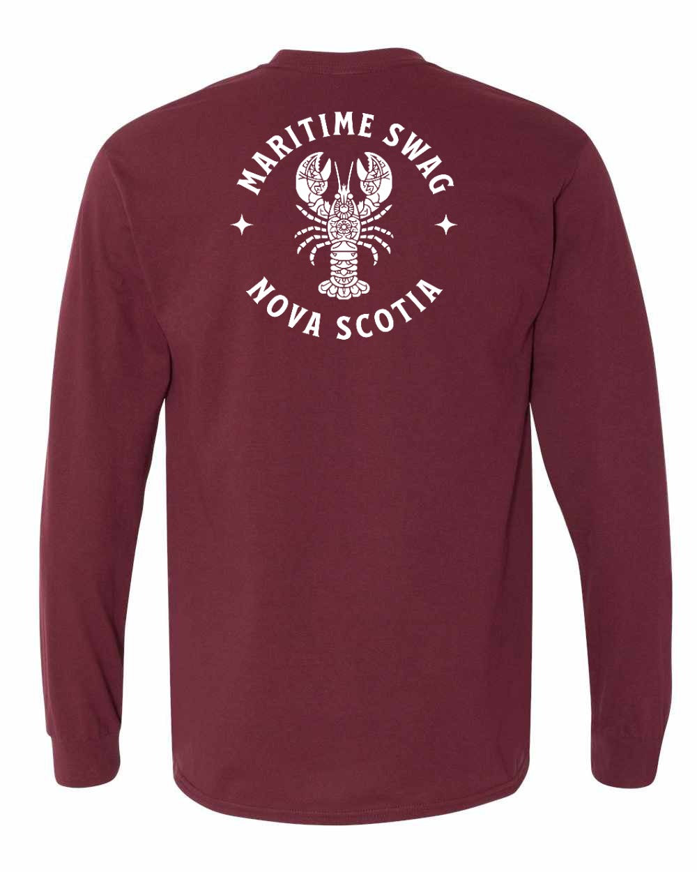 Maritime Swag Nova Scotia Mandala white Lobster Left Chest and Back Long Sleeve Tee