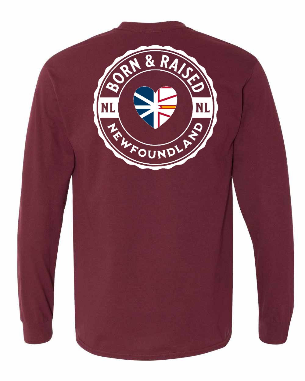 Born and Raised NFLD Heart Flag Left Chest & Back Long Sleeve Tee - Unisex