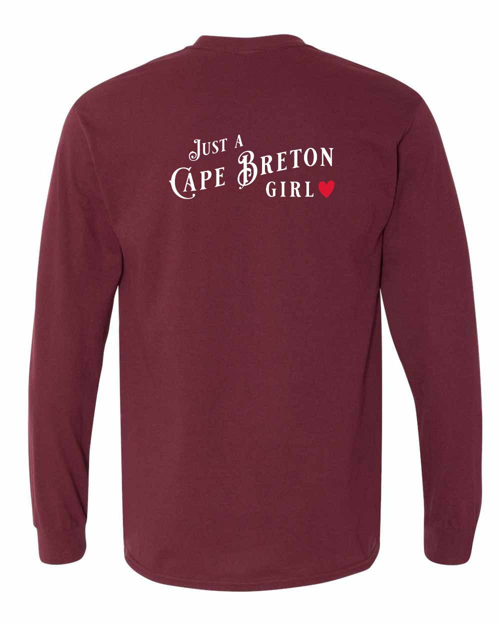Just a Cape Breton Girl Red Heart Left Chest and Back Long Sleeve Tee
