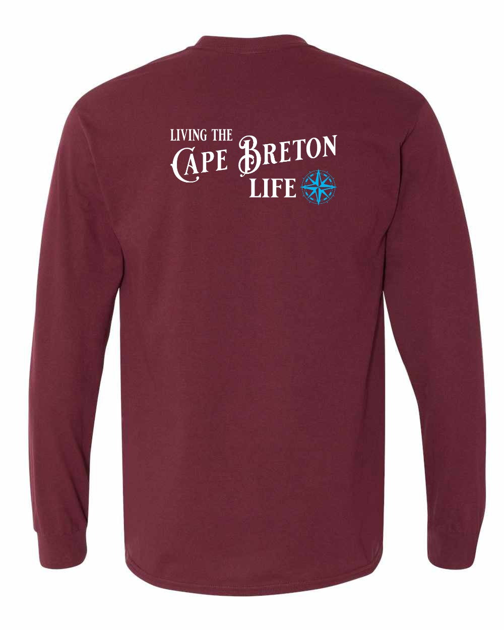 Living the Cape Breton Life blue Left Chest and Back Long Sleeve Tee