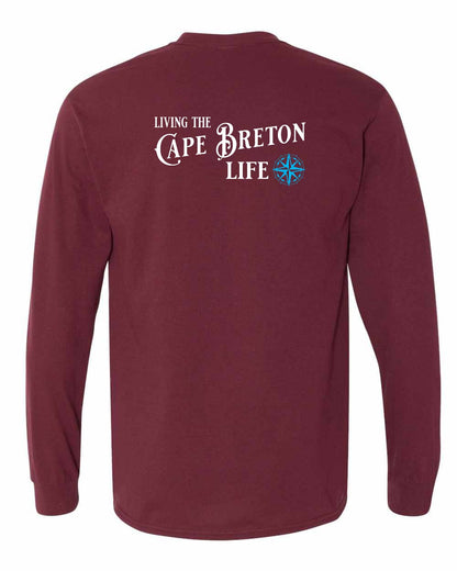 Living the Cape Breton Life blue Left Chest and Back Long Sleeve Tee