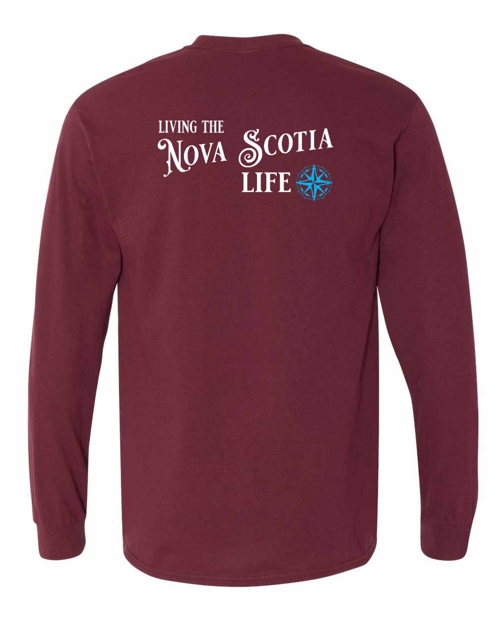 Living the Nova Scotia Life blue Left Chest and Back Long Sleeve Tee