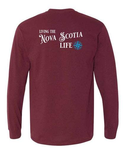 Living the Nova Scotia Life blue Left Chest and Back Long Sleeve Tee