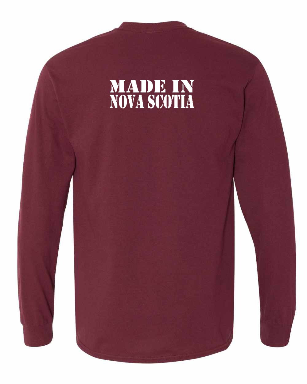 Made In Nova Scotia ( White Lettering) Left Chest and Back Long Sleeve Tee