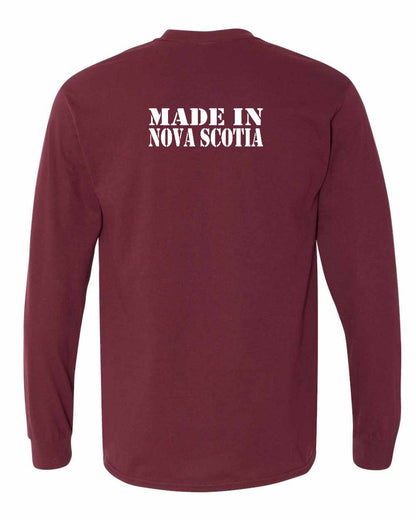 Made In Nova Scotia ( White Lettering) Left Chest and Back Long Sleeve Tee