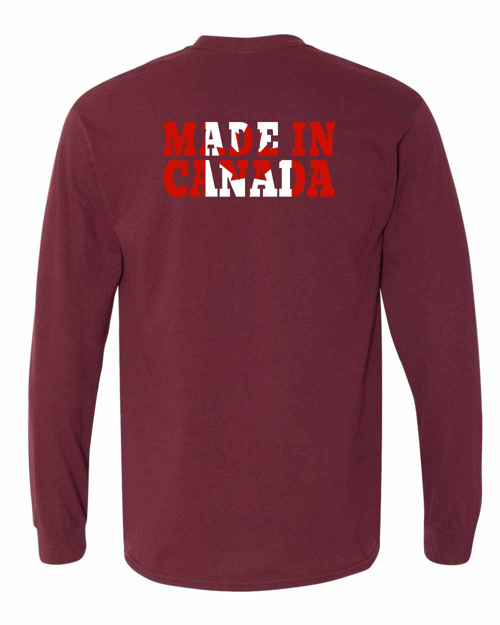 Made in Canada Flag Background Left Chest and Back Long Sleeve - Gildan Canada (sewn Internationally) - Unisex