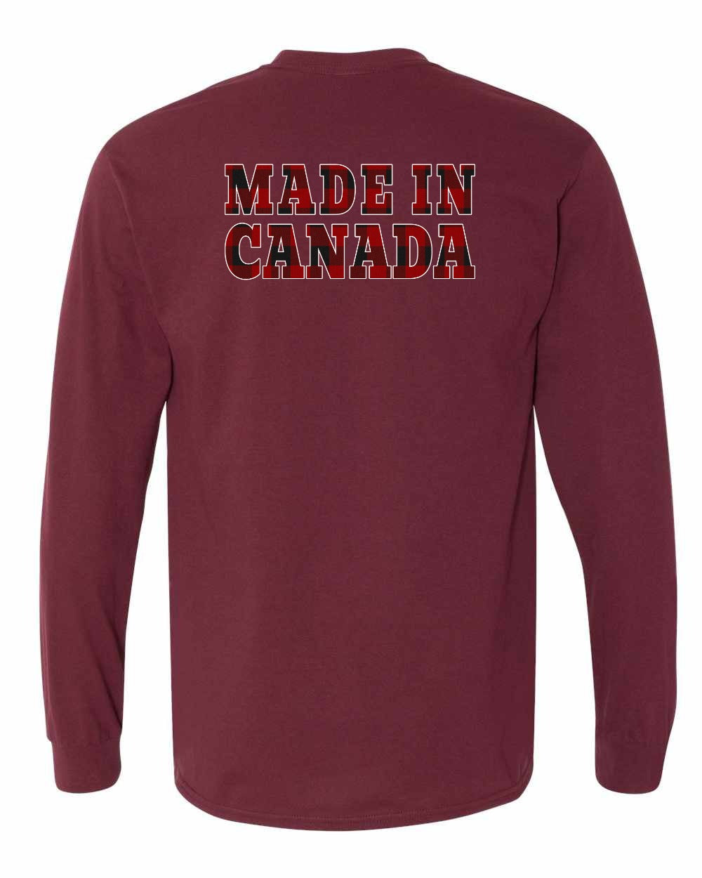 Made in Canada Plaid Background Left Chest and Back Long Sleeve - Gildan Canada (sewn Internationally) - Unisex