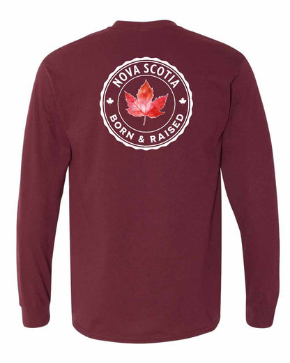 Born and Rasied Nova Scotia Left Chest and Back Long Sleeve