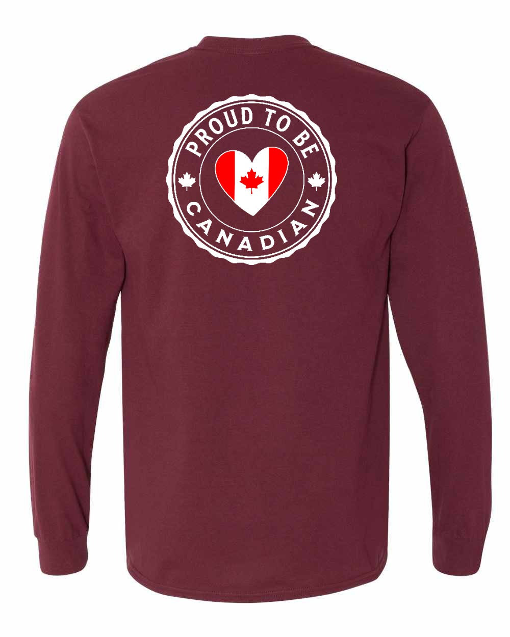 Proud to be Canadian Heart Flag Left Chest and Back Long Sleeve - Gildan Canada (sewn Internationally) - Unisex