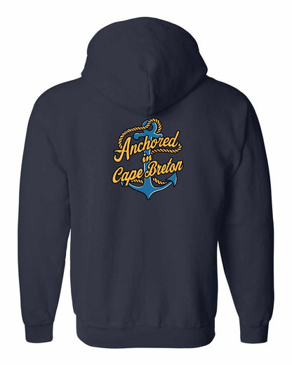Anchored in Cape Breton (New Design) Left Chest and Back Zip Hoodie
