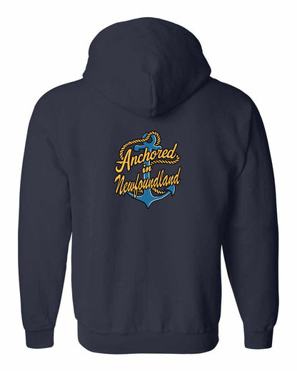Anchored in Newfoundland (New Design) Left Chest and Back Zip Hoodie