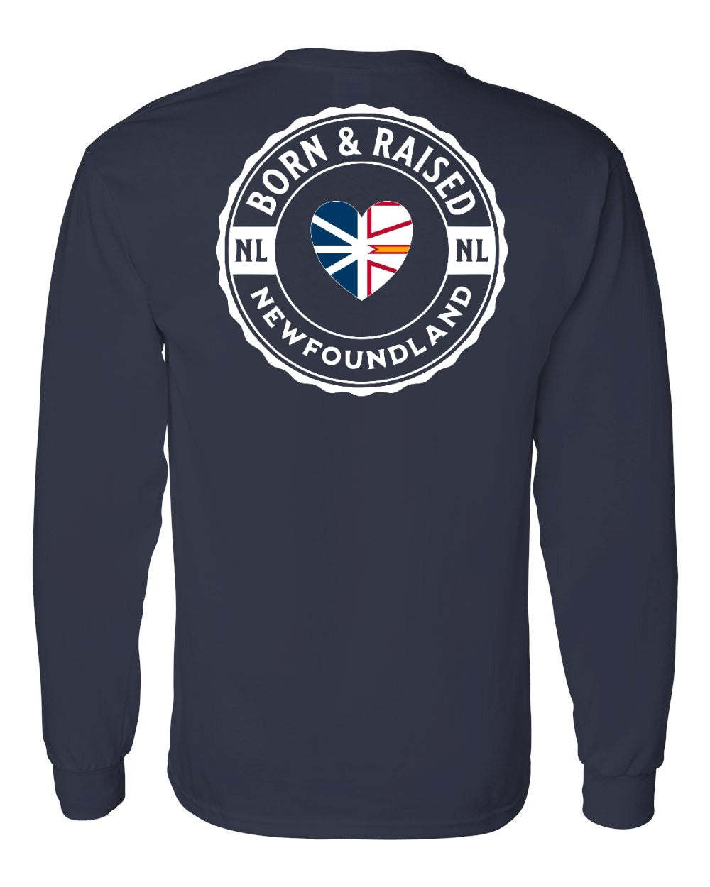 Born and Raised NFLD Heart Flag Left Chest & Back Long Sleeve Tee - Unisex