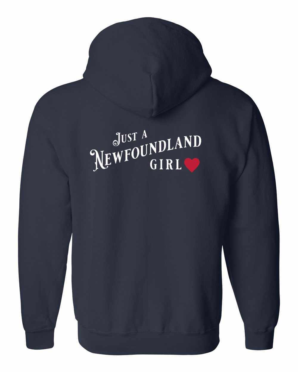 Just a NFLD Girl Red Heart Left Chest and Back Zip Hoodie - Unisex