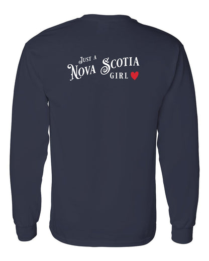Just a Nova Scotia Girl Red Heart Left Chest and Back Long Sleeve Tee