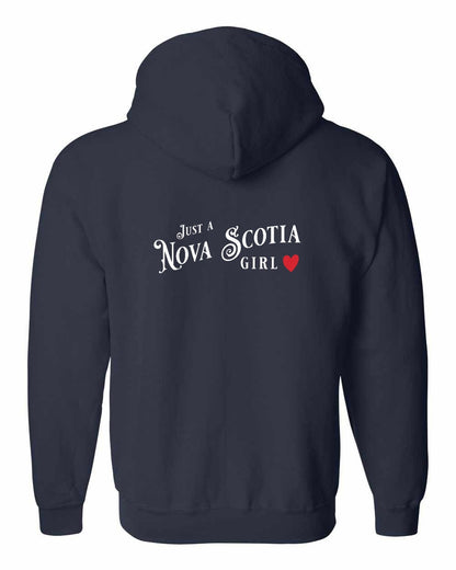 Just a Nova Scotia Girl Red Heart Left Chest and Back zip-hoodie