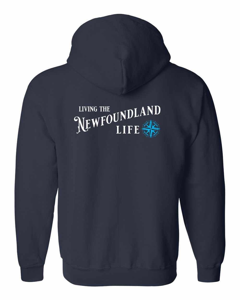 Living the Newfoundland Life blue Left Chest and Back Zip Hoodie